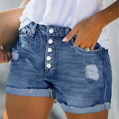 TECCULI STLY - Vaqueros cortos de talla grande para mujer, elásticos, ceñidos, estilo clásico retro, estilo urbano, con dobladillo deshilachado y botones delanteros, lavados en azul.