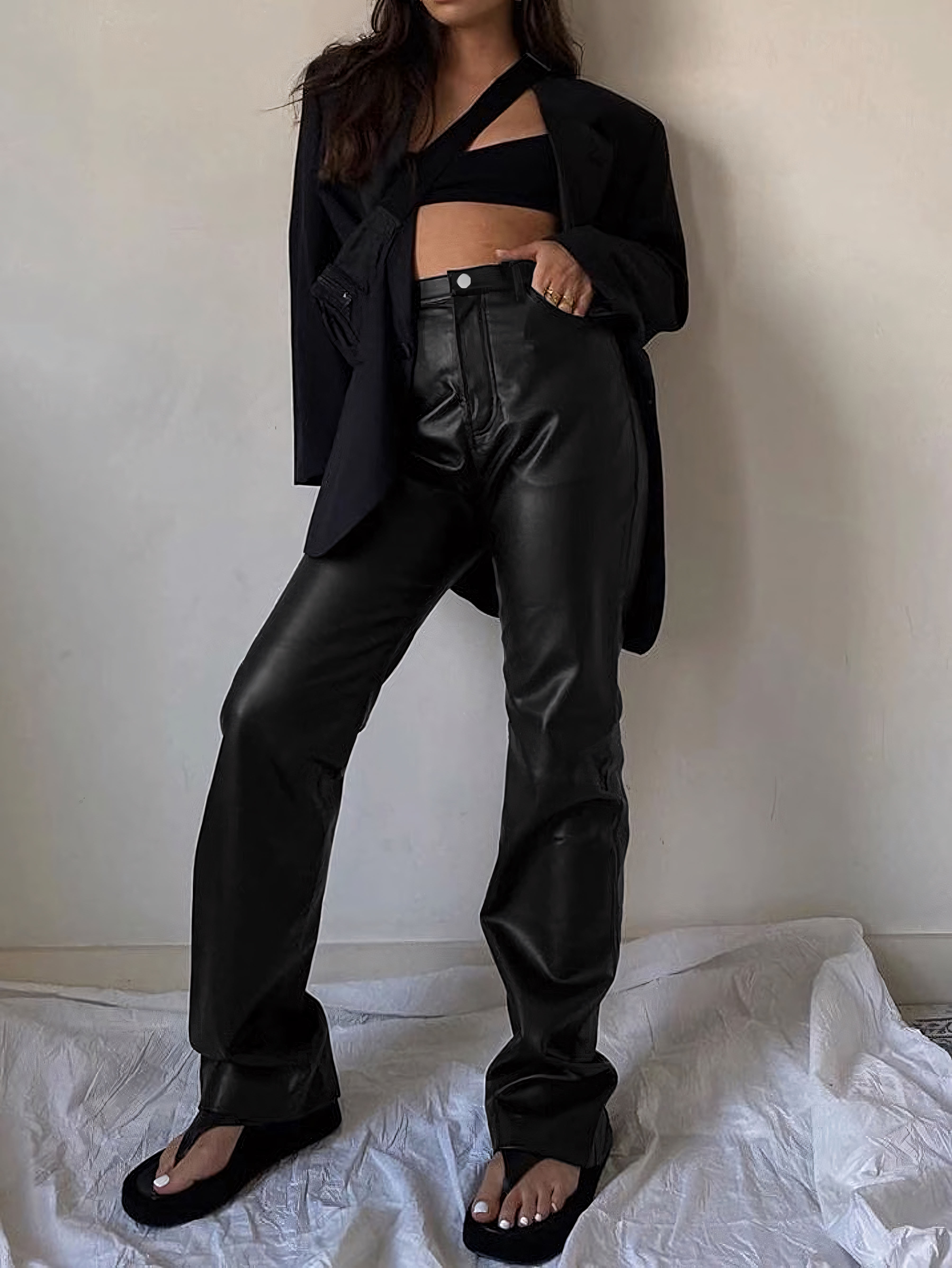 TECCULI - Pantalones sexis de piel sintética negros a la moda para mujer, ropa informal de calle, pantalones góticos de cintura alta, pantalones largos de pierna recta para mujer