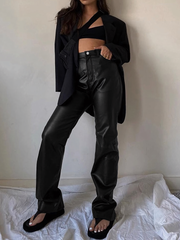 TECCULI - Pantalones sexis de piel sintética negros a la moda para mujer, ropa informal de calle, pantalones góticos de cintura alta, pantalones largos de pierna recta para mujer