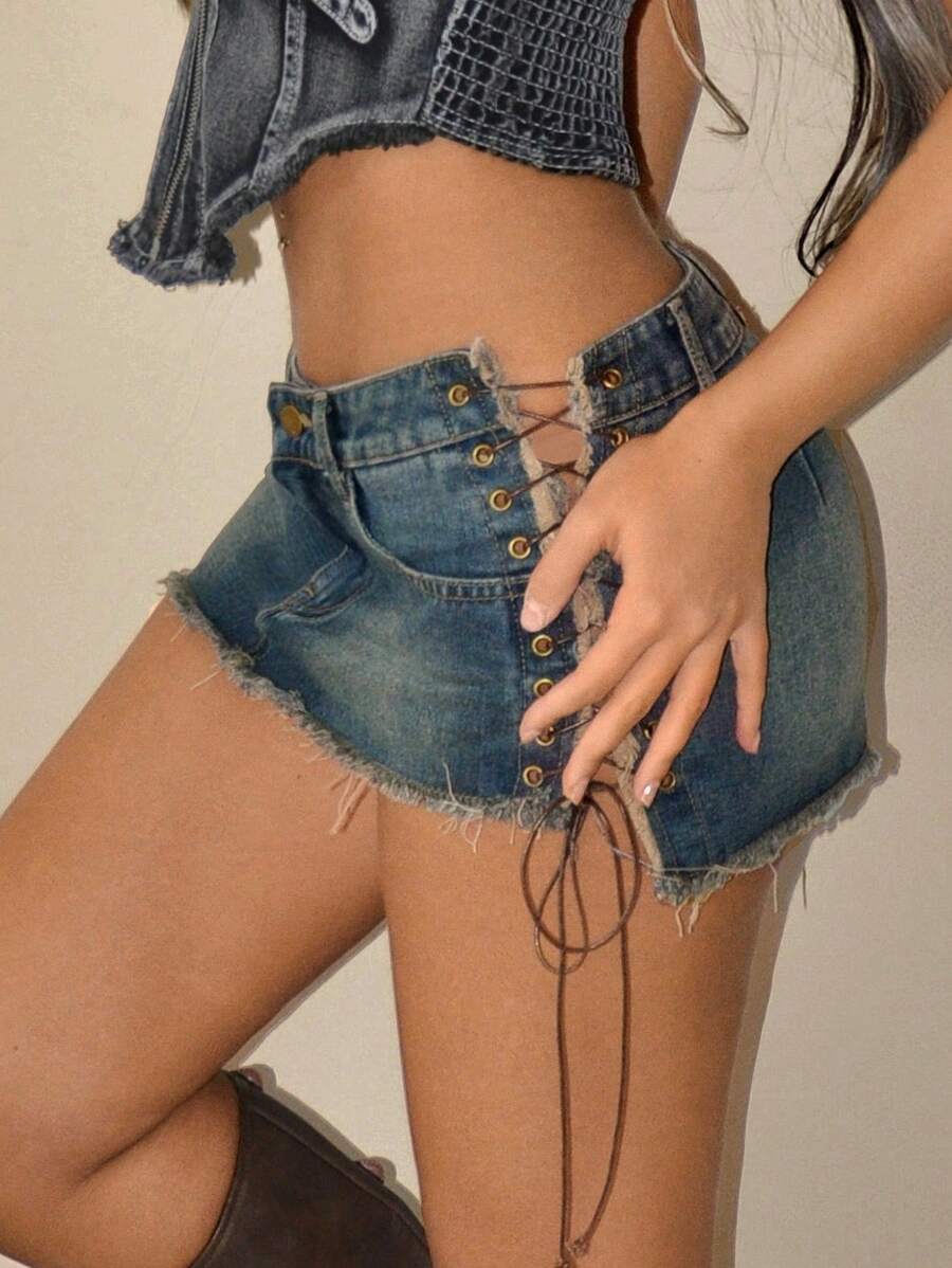 Falda vaquera corta ultracorta con lazo, estilo sexy, estilo años 2000, para mujer