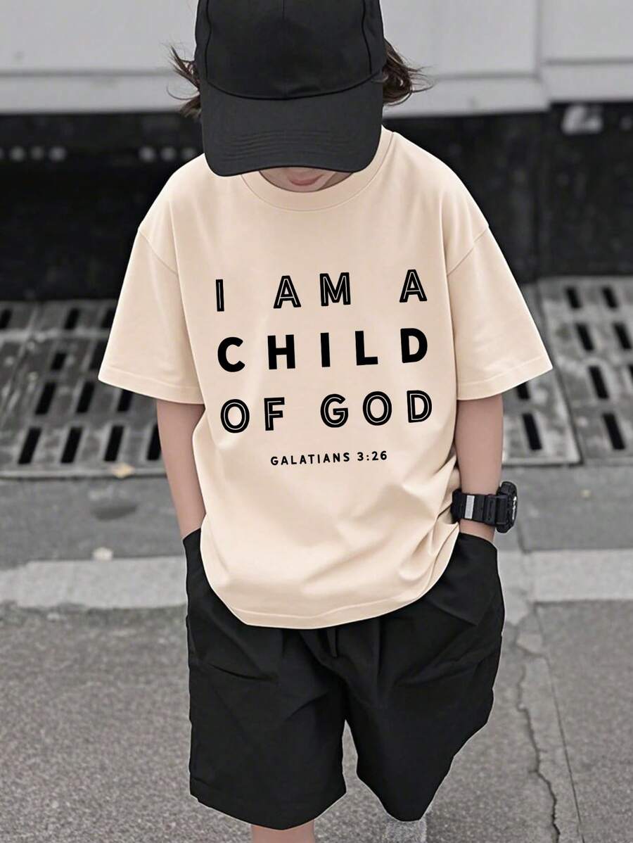 Camiseta informal de manga corta con cuello redondo y estampado de letras azules para niño preadolescente, verano