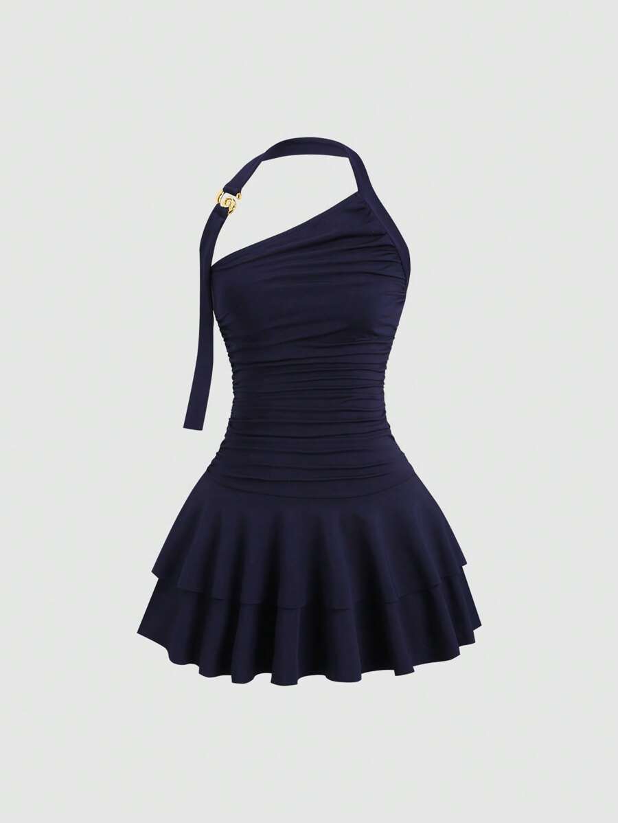 Sweetra - Nuevo collar colgante en espiral dorado con diseño de joyería, minivestido escalonado adelgazante con cintura para mujer