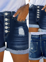 Shorts vaqueros casuales TECCULI lavados y desgastados con detalle de múltiples botones