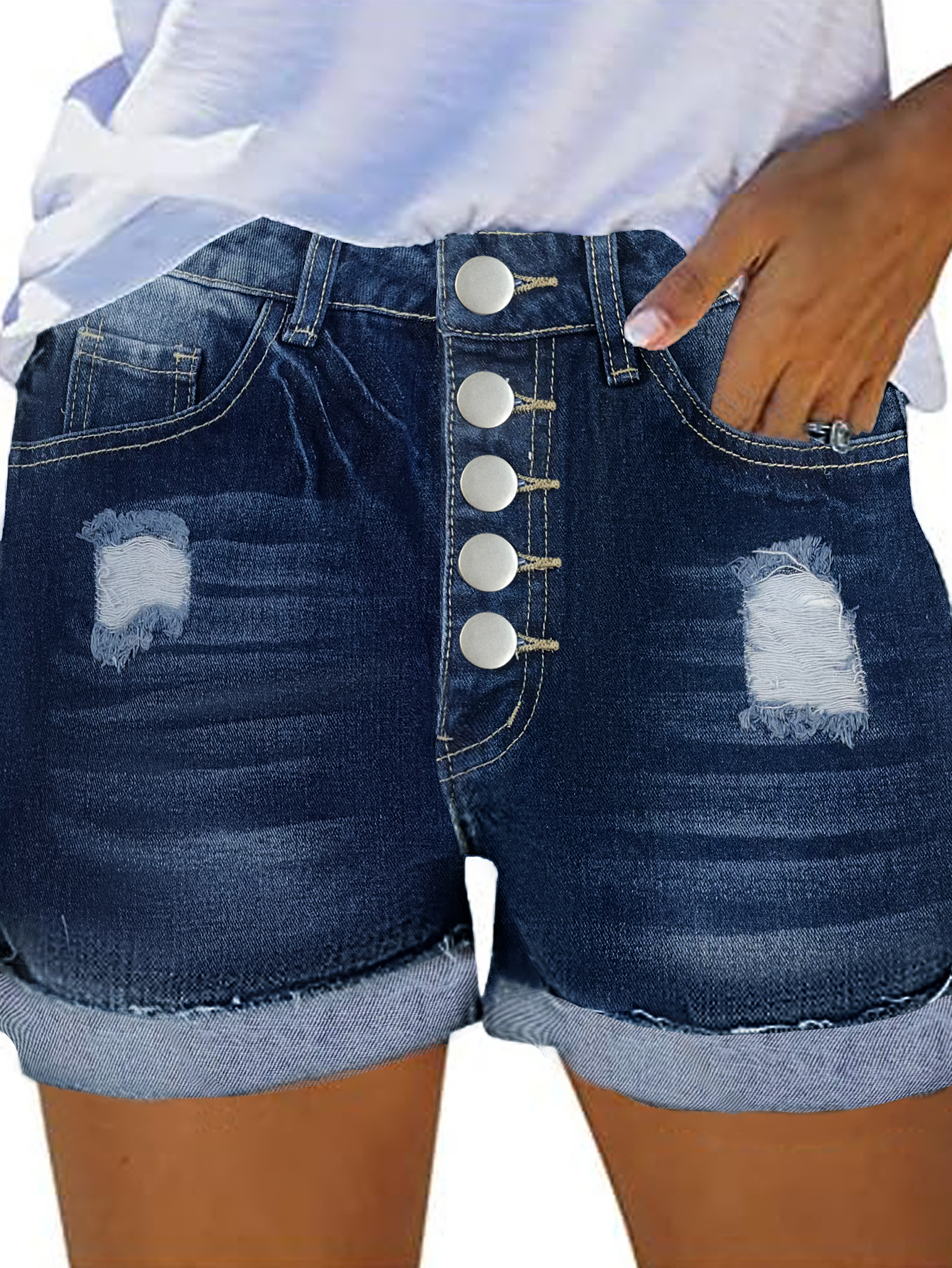 Shorts vaqueros casuales TECCULI lavados y desgastados con detalle de múltiples botones
