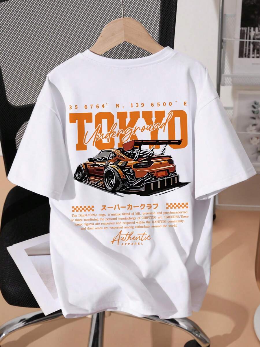 Camiseta de manga corta con estampado de coche, ideal para preadolescentes y estudiantes de verano.