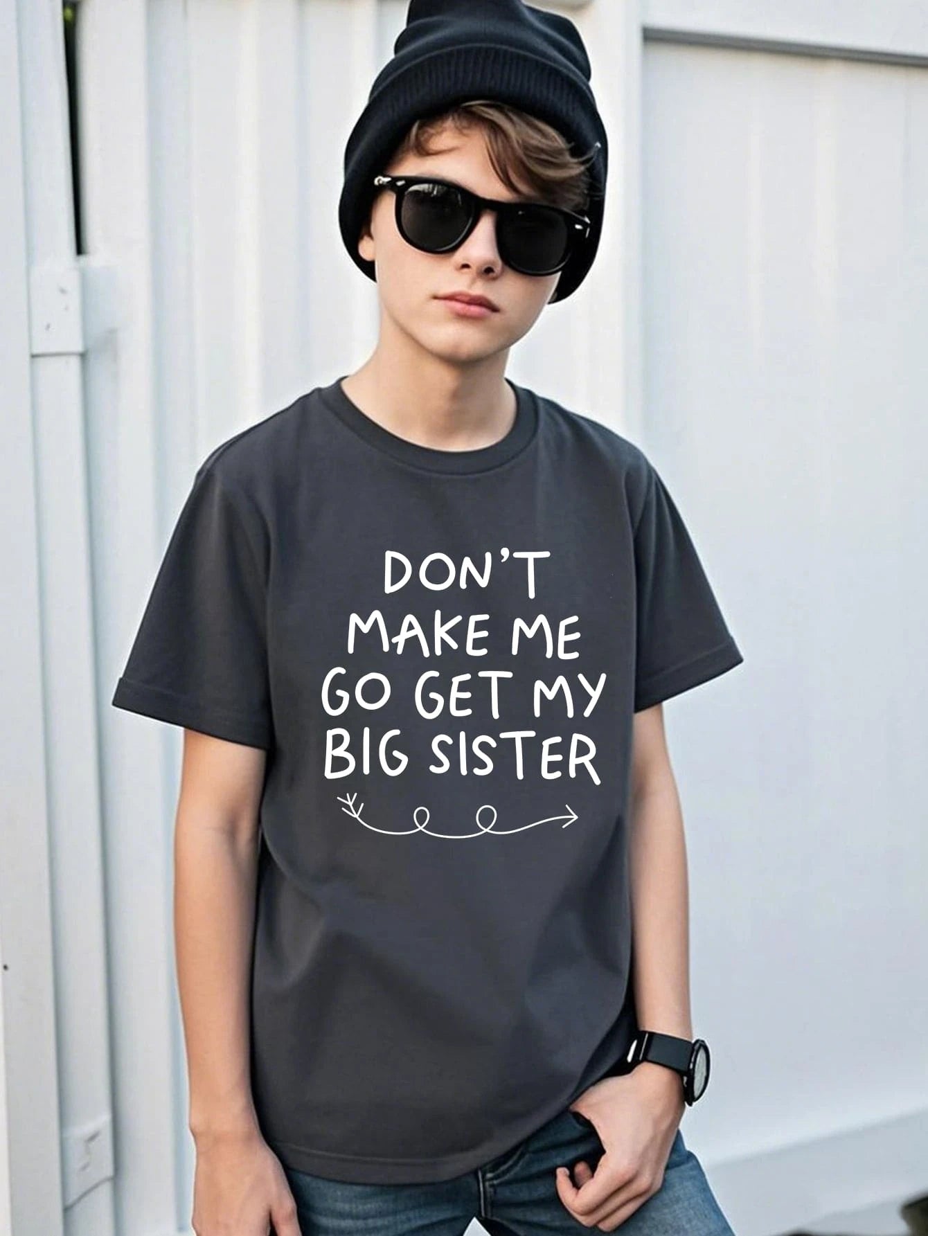 Camiseta informal de manga corta con cuello redondo y estampado de texto en inglés para niño preadolescente, color negro, para verano