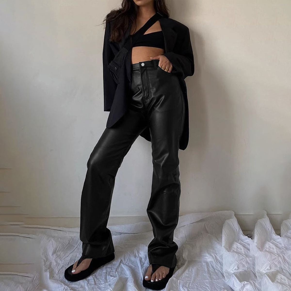 TECCULI - Pantalones sexis de piel sintética negros a la moda para mujer, ropa informal de calle, pantalones góticos de cintura alta, pantalones largos de pierna recta para mujer