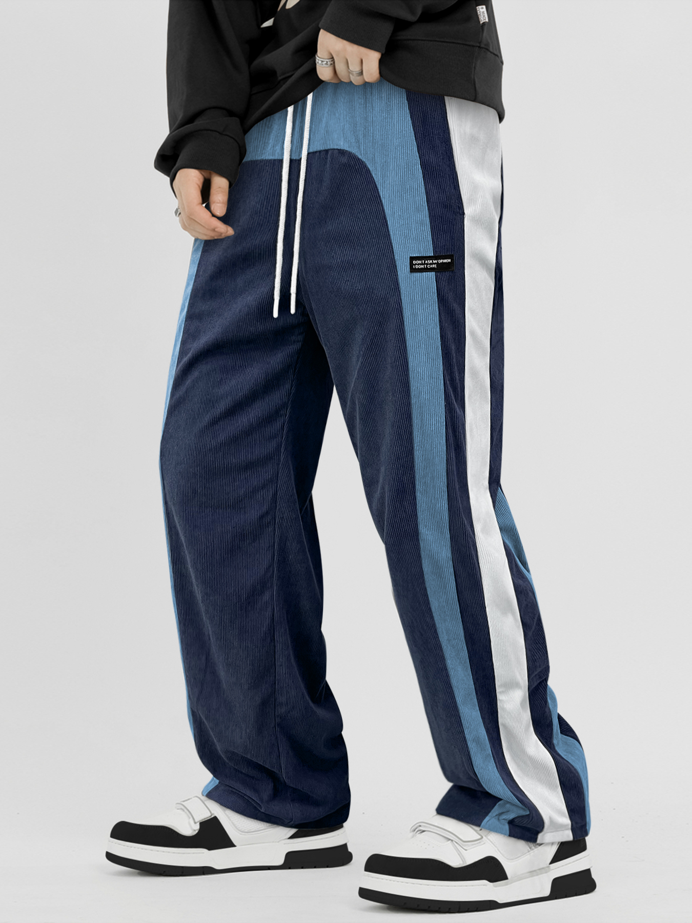 TECCULI Men's Corduroy-Textured Casual Pants with Adjustable Drawstring Waist& Side Pockets - All- Season Comfort for Outdoor Activities, Hiking, Running - Striped Design in BlackBrownWhite GreyNavy, Hiking Pants, Hiking Attire,Streetwe