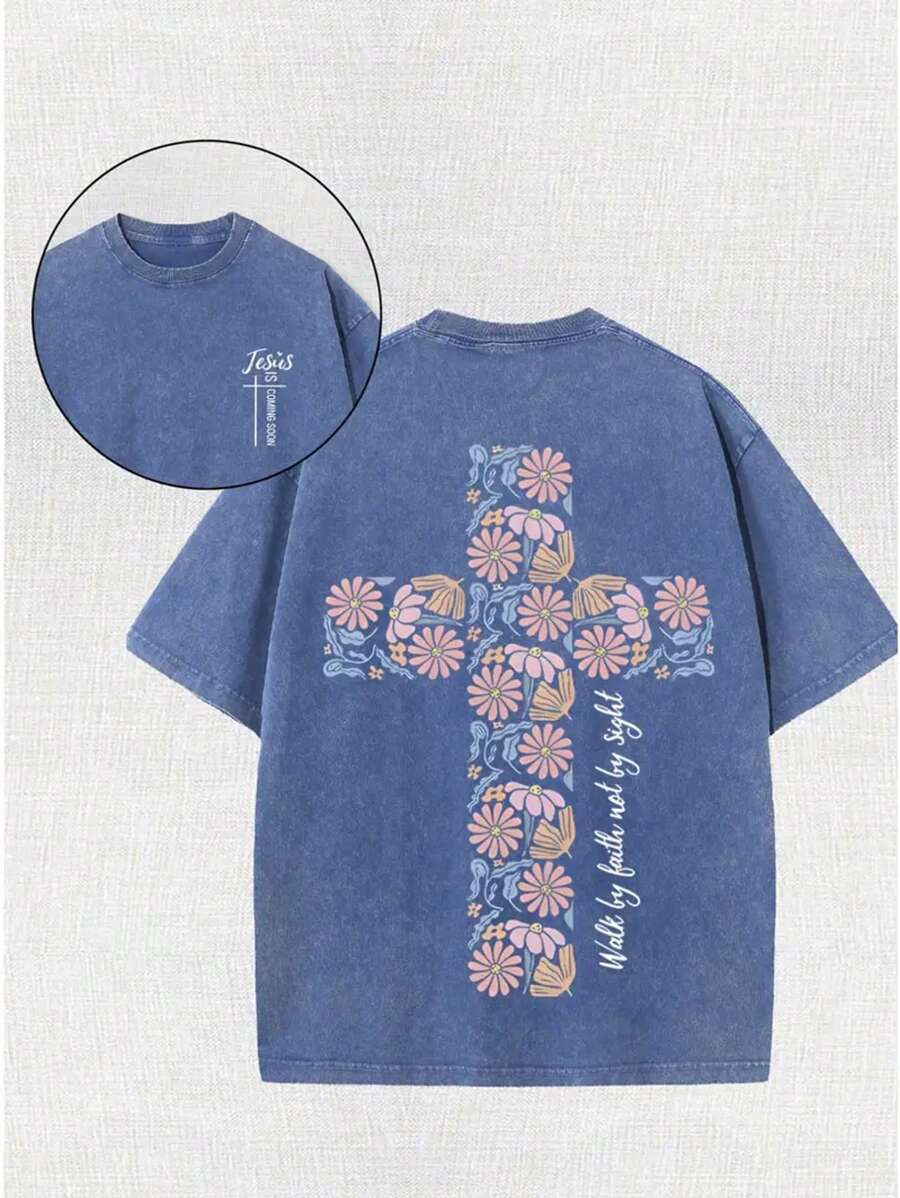 Camiseta batik de algodón de alta calidad de 230 gramos con estampado a doble cara, cuello redondo y manga corta. Camina con confianza, no mires. Jesús, Dios, creencias religiosas, cruz. Camisetas para hombre, deportes al aire libre, ocio urbano.