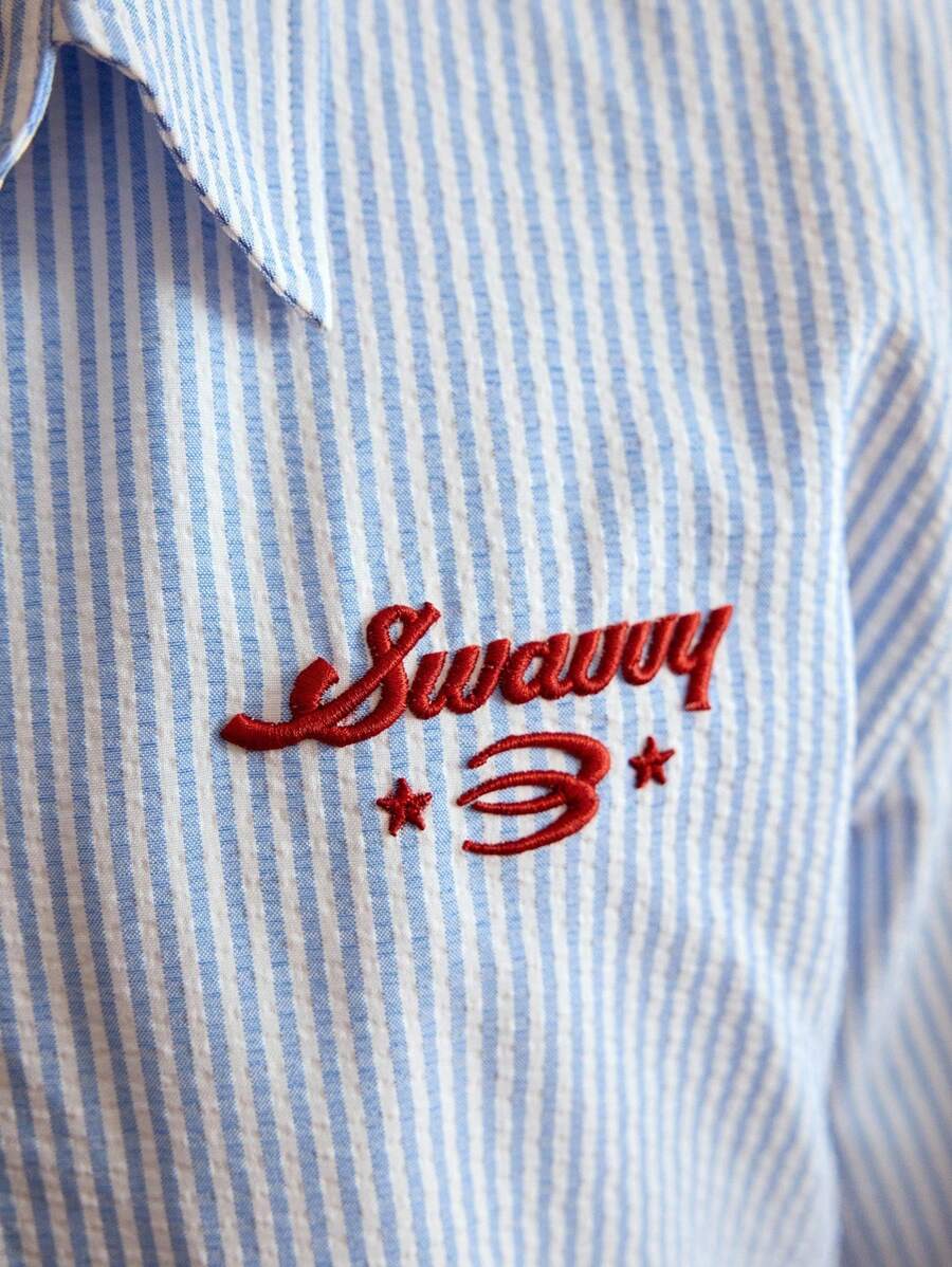 SWAVVY - Pantalones cortos casuales de rayas rojas y blancas de talla estándar para hombre, con camisa bordada holgada, para la escuela