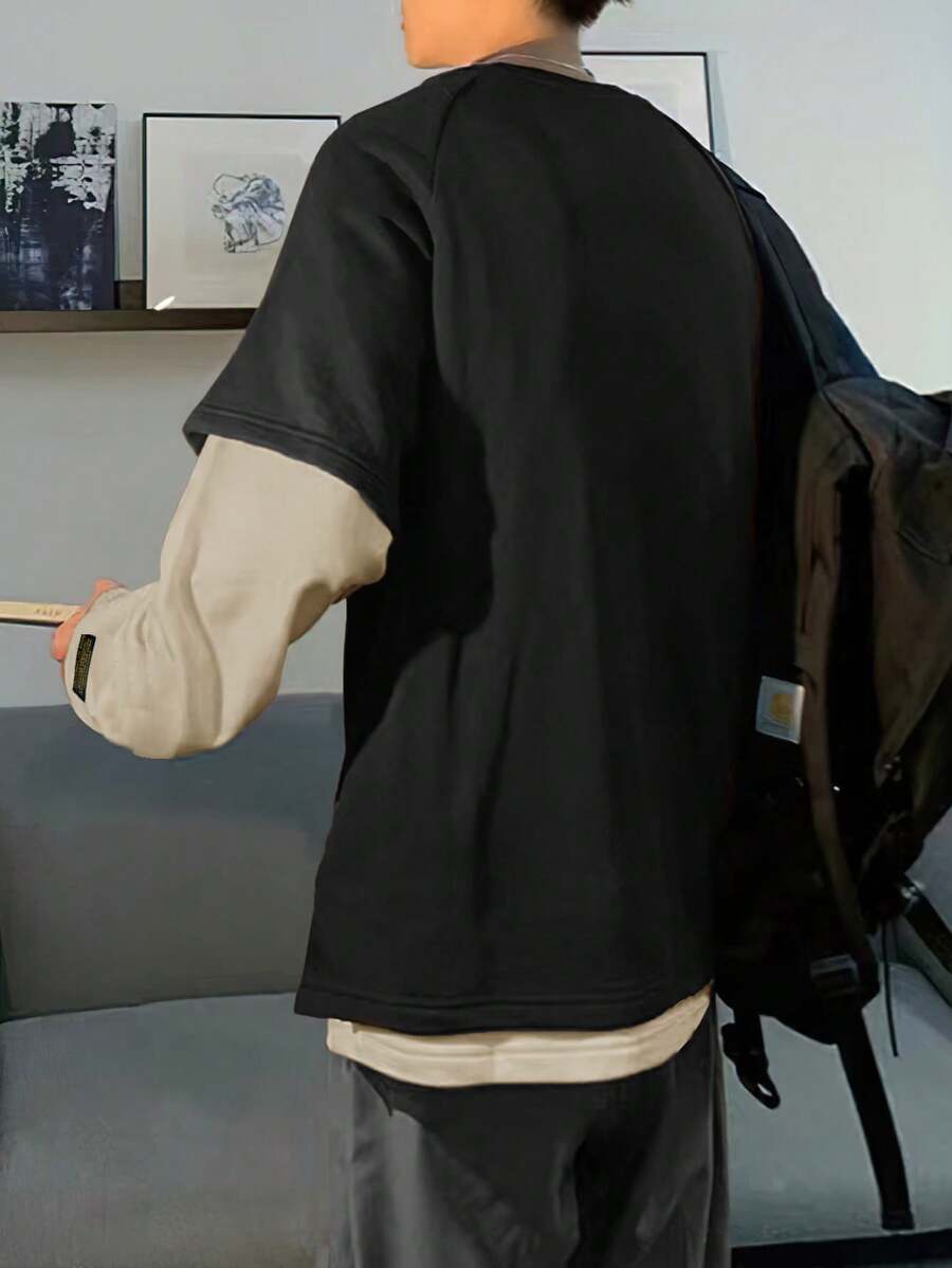 Sudadera informal 2 en 1 de manga raglán larga con parches de letras y bloques de color para hombre de Manfinity Hypemode, para salir