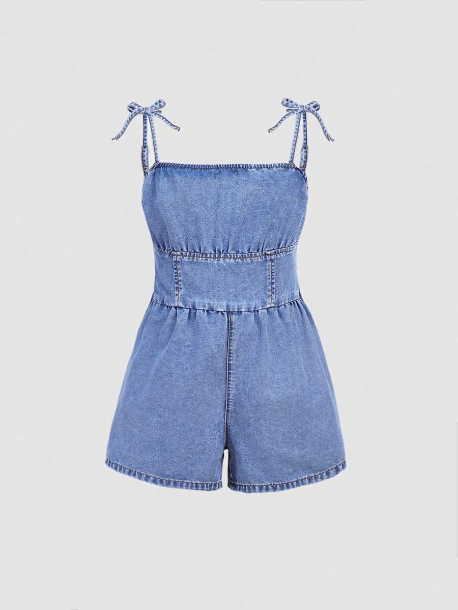 Mono vaquero holgado con tirantes finos y fruncido en los hombros para niñas preadolescentes de Girlism, ropa de verano para vacaciones.
