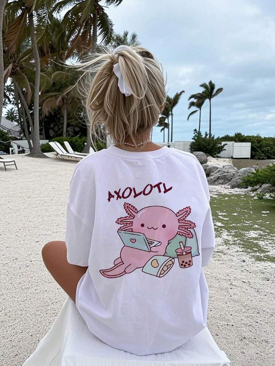 1 camiseta de manga corta con estampado de dibujos animados para niñas preadolescentes, cómoda y moderna para estudiantes y señoritas.