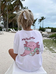 1 camiseta de manga corta con estampado de dibujos animados para niñas preadolescentes, cómoda y moderna para estudiantes y señoritas.