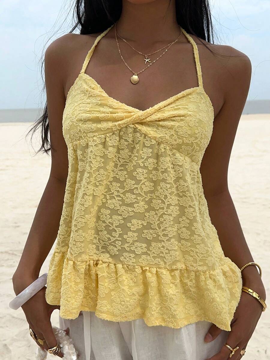 Camiseta sin mangas Sunnyshic de color liso con cuello halter para mujer, moderna para el verano