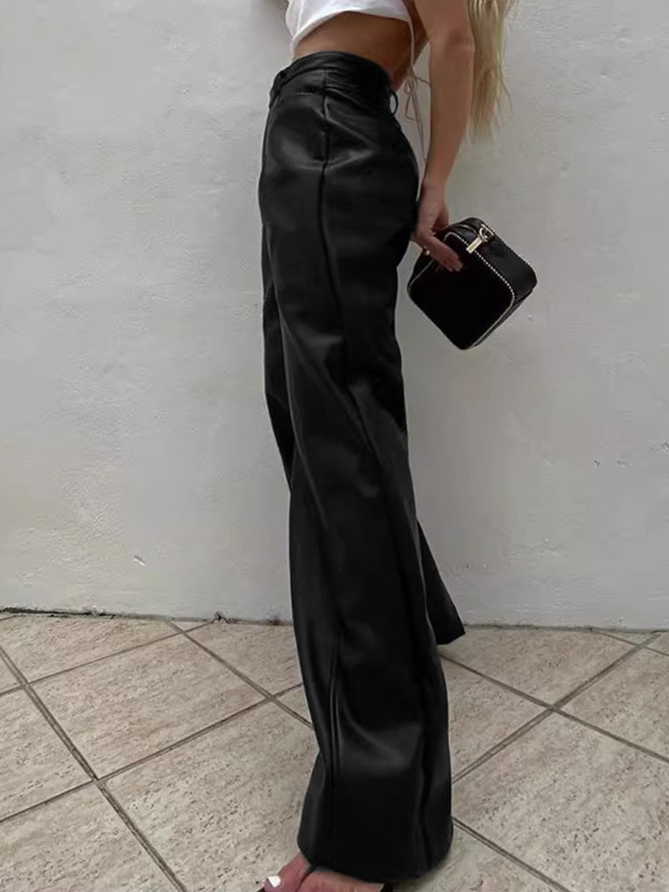 TECCULI - Pantalones sexis de piel sintética negros a la moda para mujer, ropa informal de calle, pantalones góticos de cintura alta, pantalones largos de pierna recta para mujer