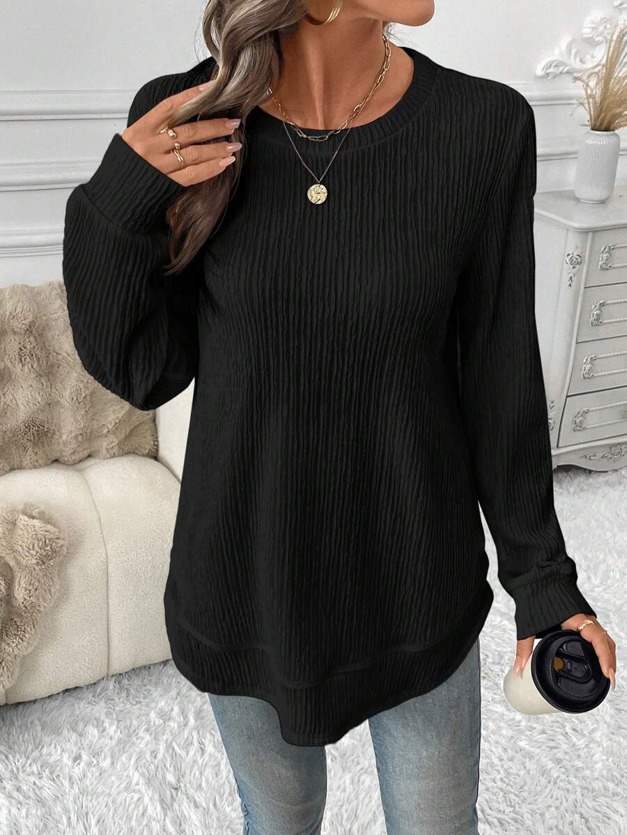 Sudadera LUNE de cuello redondo, dobladillo asimétrico, tejido con textura de gofre, silueta básica, informal y cómoda, para mujer, tops de manga larga