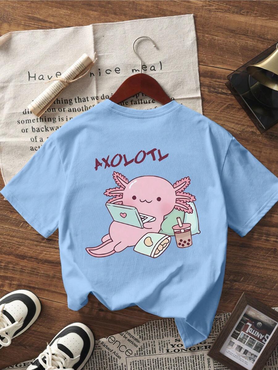 1 camiseta de manga corta con estampado de dibujos animados para niñas preadolescentes, cómoda y moderna para estudiantes y señoritas.