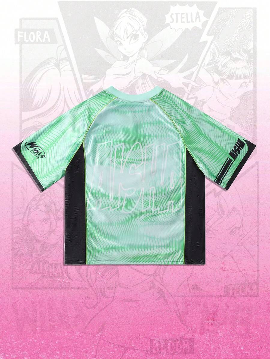 ROMWE MEN Winx Club X ROMWE - Camiseta deportiva de manga corta con diseño de anime y bloques de color, malla y gráfico, para hombre