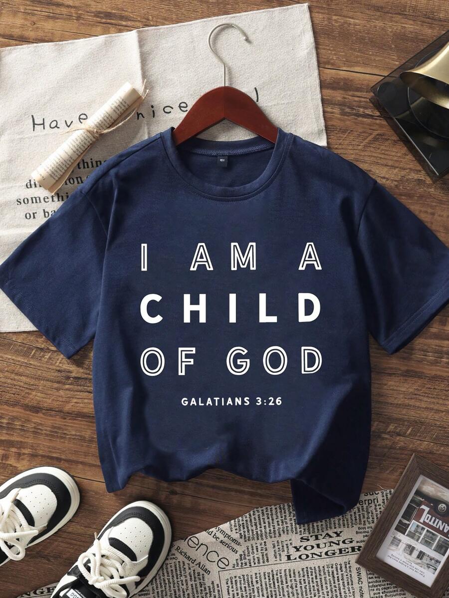 Camiseta informal de manga corta con cuello redondo y estampado de letras azules para niño preadolescente, verano