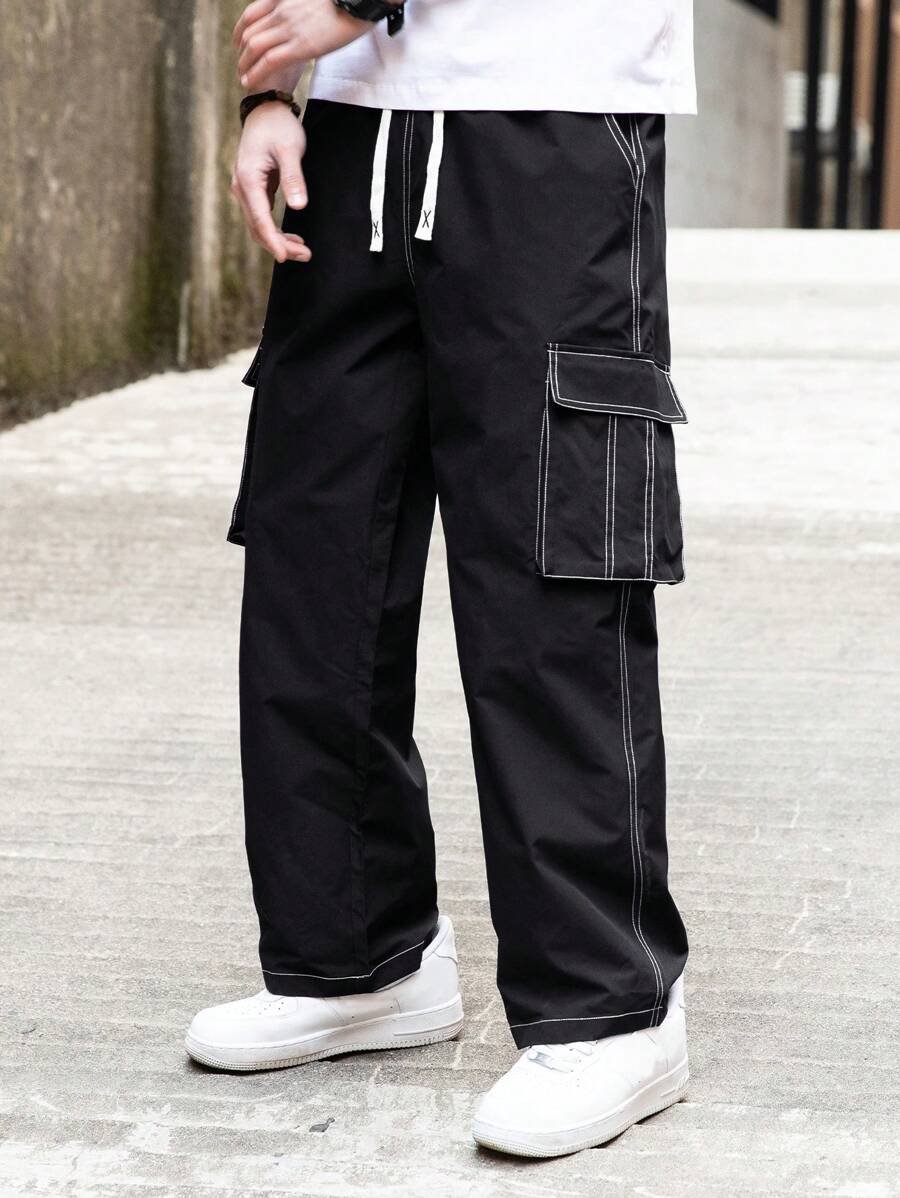 Pantalones cargo rectos Manfinity Hypemode para hombre, informales, con cordón y cintura ajustable, de pierna ancha.