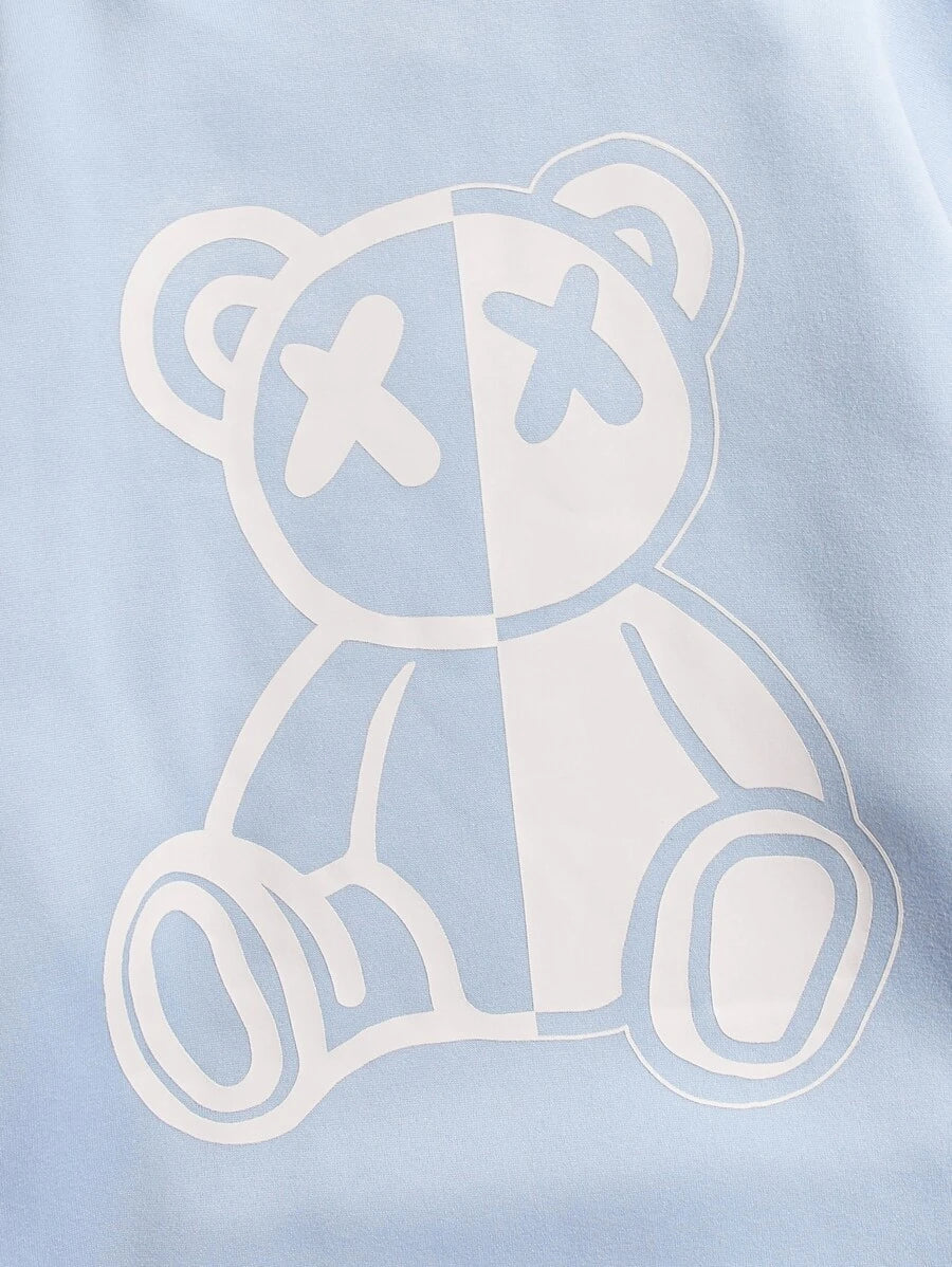SWAVVY - Sudadera con capucha y forro térmico con cordón y estampado de oso para hombre, manga larga, gruesa e informal, color azul claro, ideal como regalo para amigos, esposos y novios.