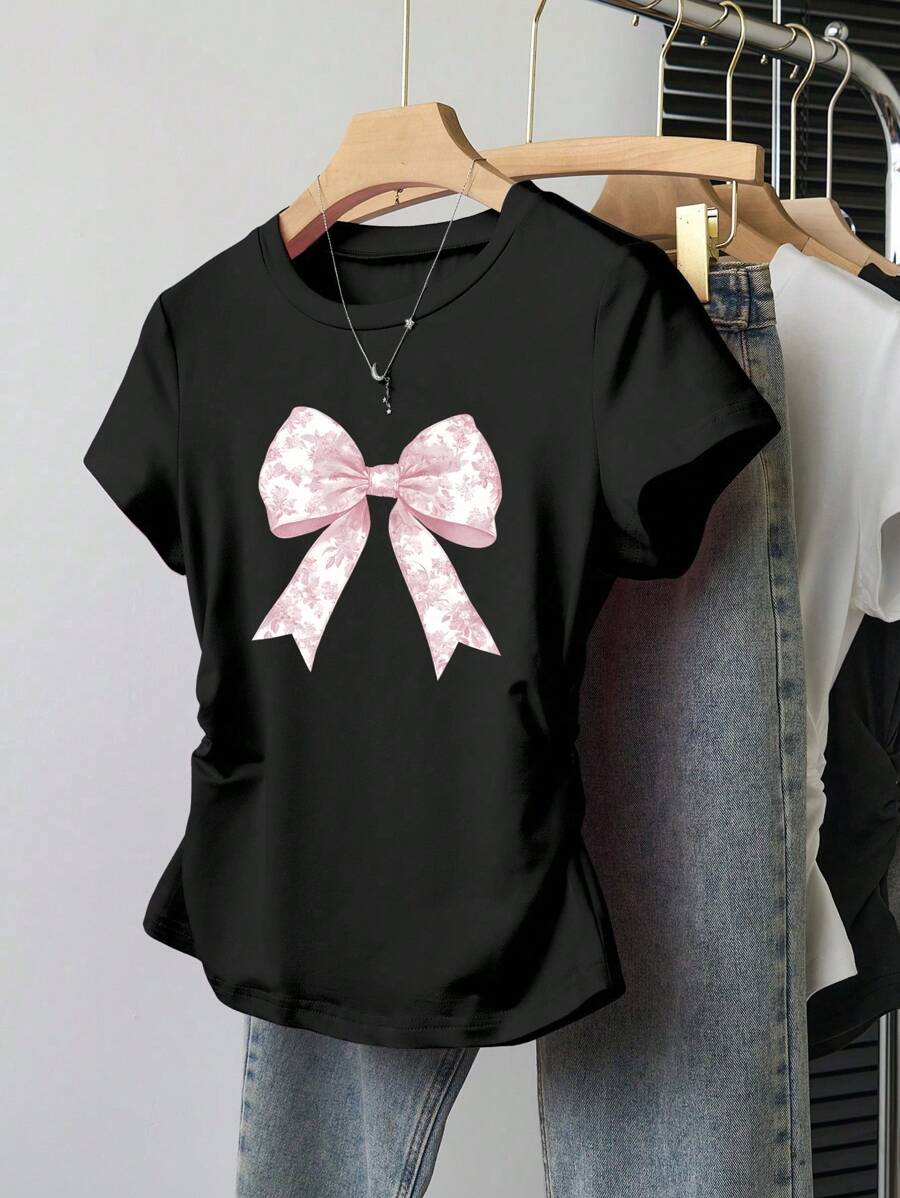 Camiseta informal minimalista con lazo rosa y volantes en la cintura para niña preadolescente de Wildeya