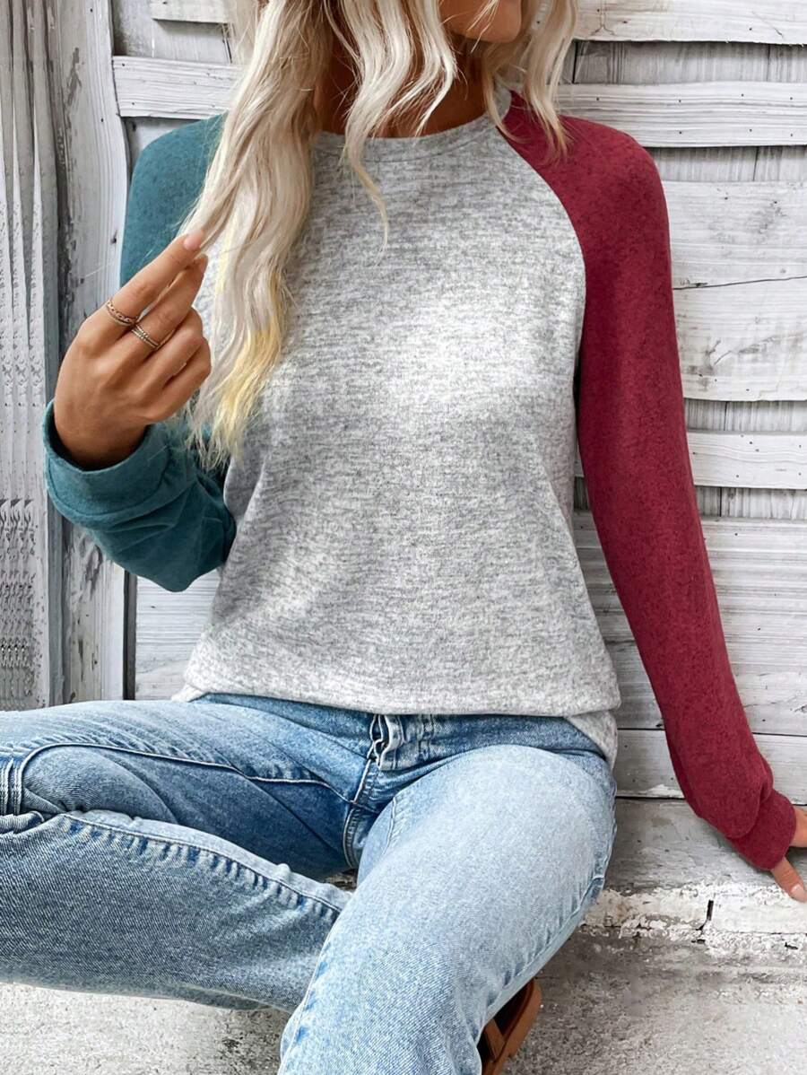 Sudadera de manga raglán con bloques de color de Emery Rose, camisetas de manga larga para graduación, atuendos para la vuelta al cole, trajes de profesora para mujer, ropa para la vuelta al cole.