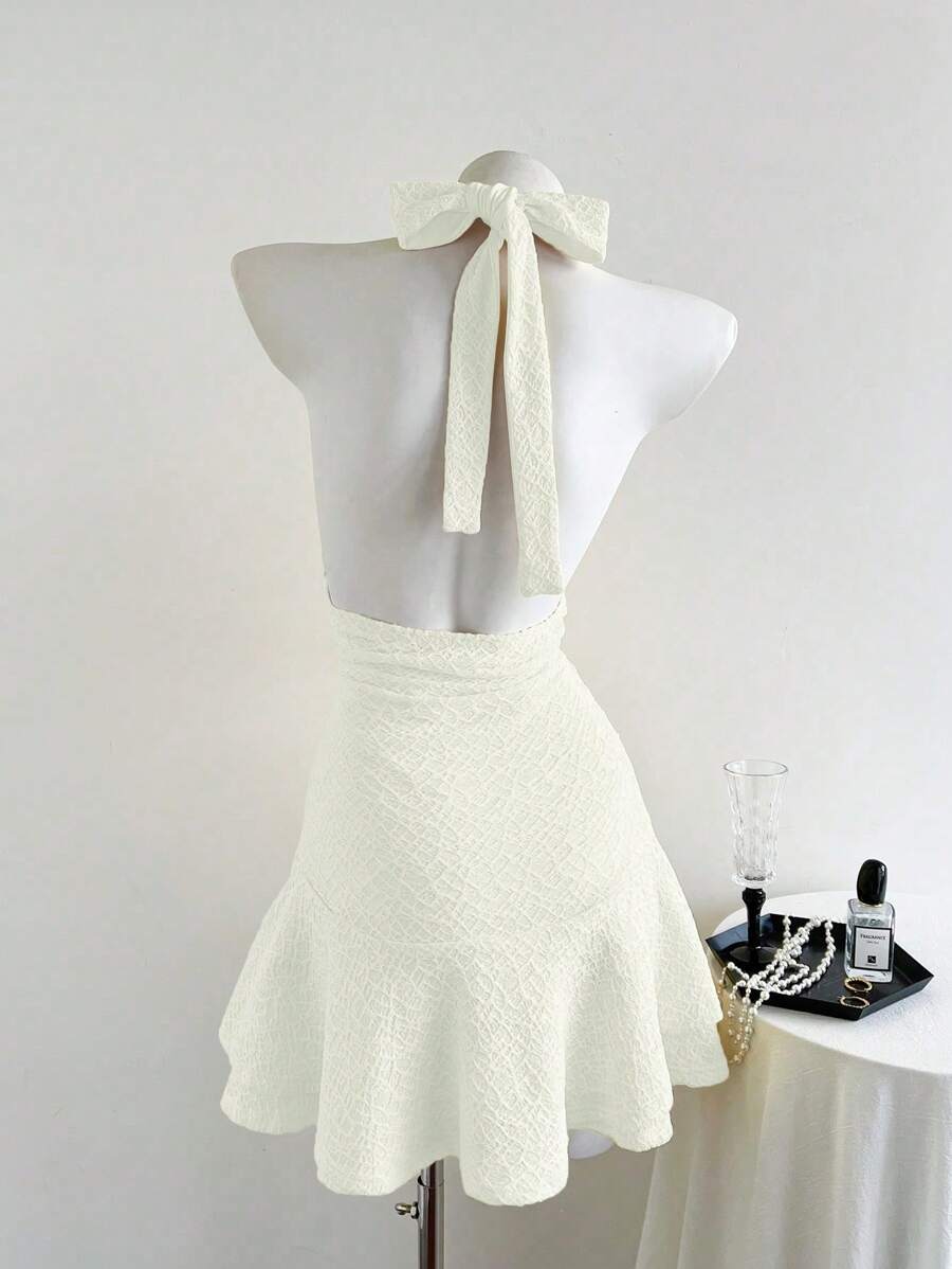 Elamini - Vestido corto informal de verano para mujer, de tejido de punto, color liso, con doble capa, volantes, cuello halter y lazo