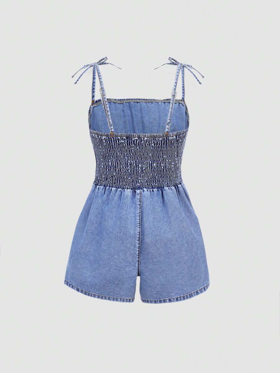 Mono vaquero holgado con tirantes finos y fruncido en los hombros para niñas preadolescentes de Girlism, ropa de verano para vacaciones.