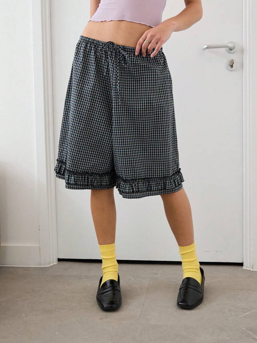 COUREZ Check Frill Bermuda Shorts Summer Outfits For Women Summer Dresses Going Out Outfits Casual Y2K Vacation Holiday 100%Cotton 100%Cotton Vintage