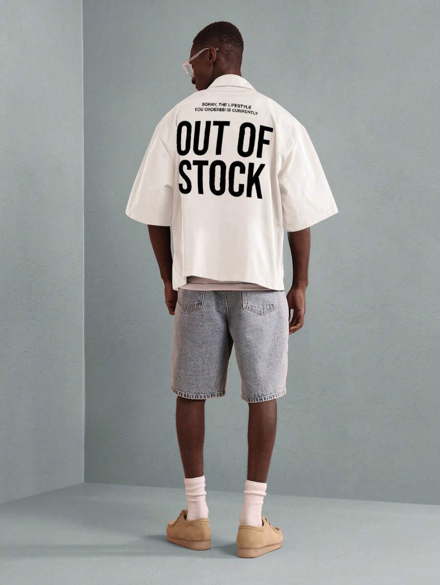 Camisa SUMWON moderna con botones y estampado de mensaje de estilo de vida, estilo urbano, informal, de manga corta, estilo urbano contemporáneo, para verano y otoño.