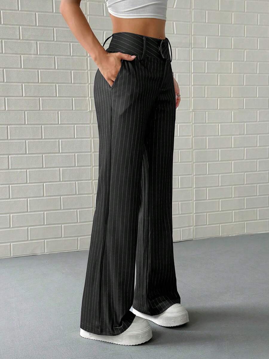 Pantalón de traje a rayas de cintura baja para mujer, elástico, con bolsillos laterales, para primavera y otoño.