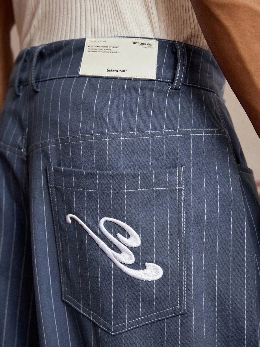 Pantalones holgados SWAVVY informales de gran tamaño con rayas azules y letras 3D bordadas para hombre, ideales para el verano y la escuela.