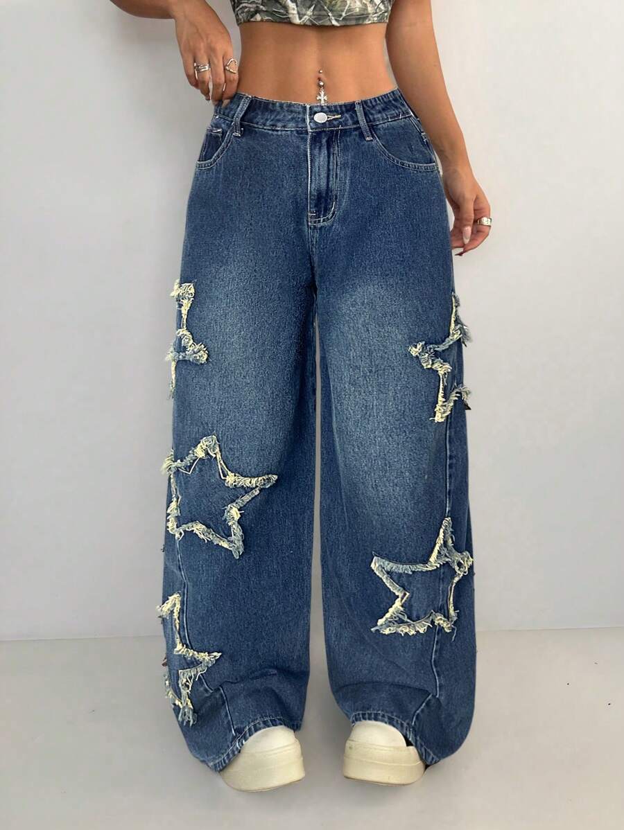 Vaqueros lavados Coolane para mujer, estilo rapero, estilo deportivo, estilo grunge con estampado de estrellas