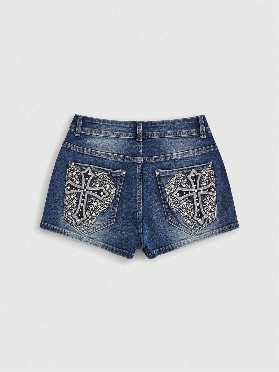 ROMWE Pantalones cortos vaqueros con bordado de cruz y diamantes de imitación para mujer, estilo grunge punk, estilo Gyaru, estilo retro de verano, para la escuela