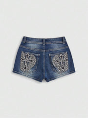 ROMWE Pantalones cortos vaqueros con bordado de cruz y diamantes de imitación para mujer, estilo grunge punk, estilo Gyaru, estilo retro de verano, para la escuela