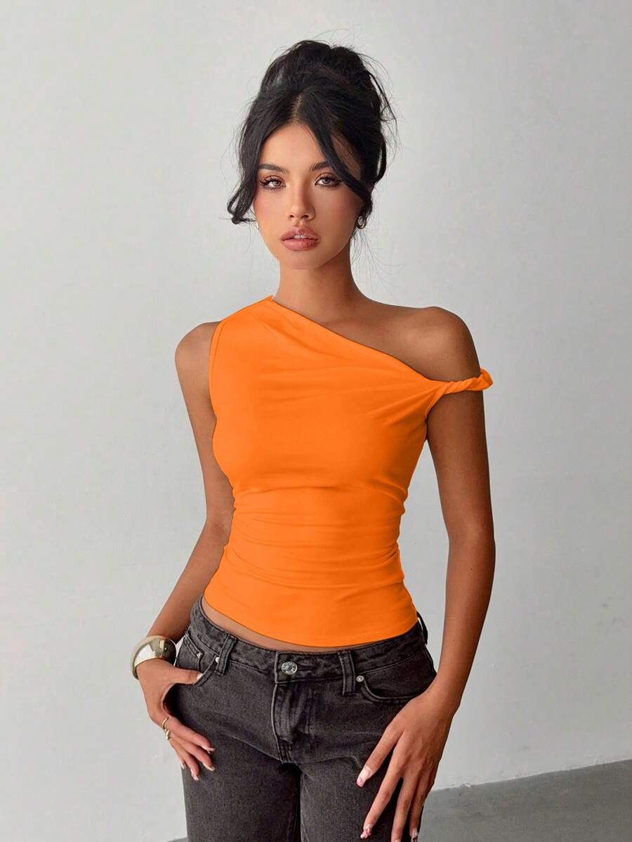 Blusa asimétrica de cuello en V de color liso para mujer, moda de verano