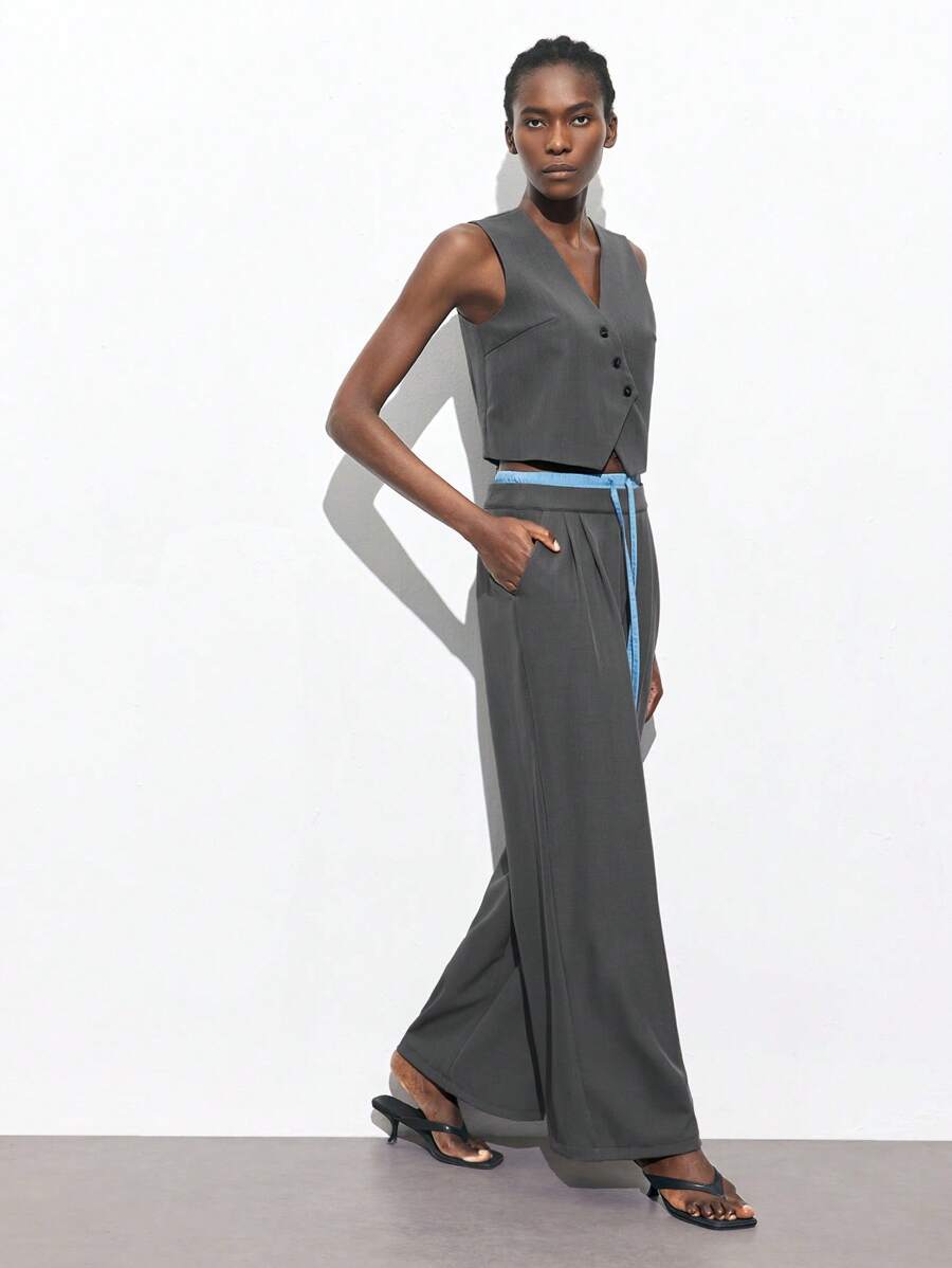 Maija 2025 Verano Nuevo Tejido Mixto Cintura Cordón, Diseño Lazo Pantalones Rectos, Adecuados Para Festivales De Música, Playas, Vacaciones, Casual, Vacaciones Románticas En La Ciudad, Salidas, Bodas, Atuendo De Graduación Fo