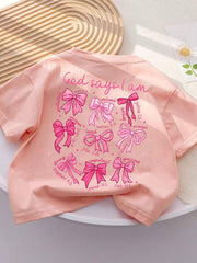 Camiseta de manga corta con cuello redondo y estampado de lazo de dibujos animados para niñas preadolescentes, informal, para primavera y verano.