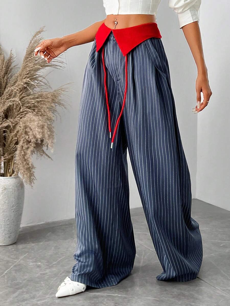 Pantalones anchos y holgados con rayas de colores contrastantes para mujer SXY