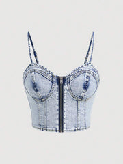 Camisola vaquera informal con cuello con cremallera para mujer MOD
