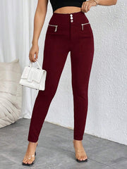 Pantalones casuales ajustados de cintura alta con cremallera y botones frontales de color liso para mujer de Firerie