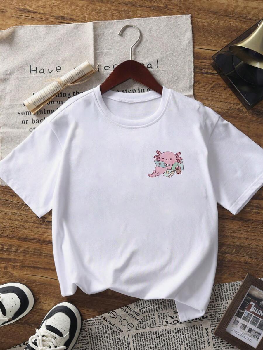 1 camiseta de manga corta con estampado de dibujos animados para niñas preadolescentes, cómoda y moderna para estudiantes y señoritas.