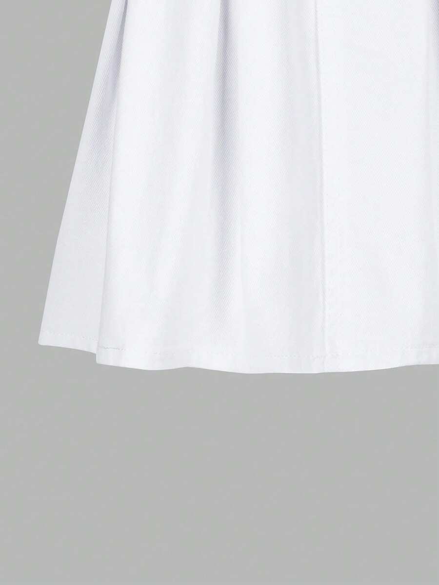 Falda vaquera lavada plisada azul claro, informal, versátil y de moda para niñas preadolescentes con lazo rosa
