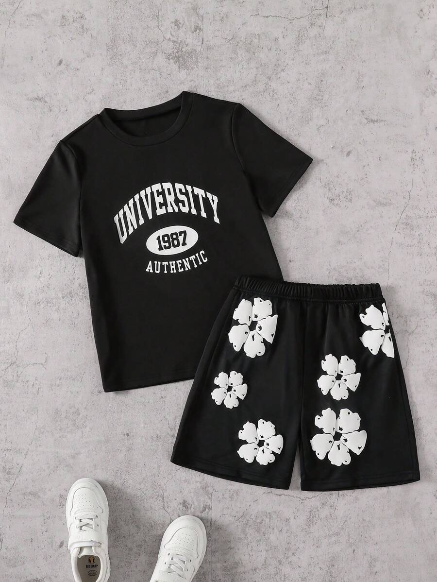 Conjunto informal de 2 piezas para niño: camiseta holgada de manga corta con estampado de letras y pantalones cortos deportivos holgados con estampado de arce, verano