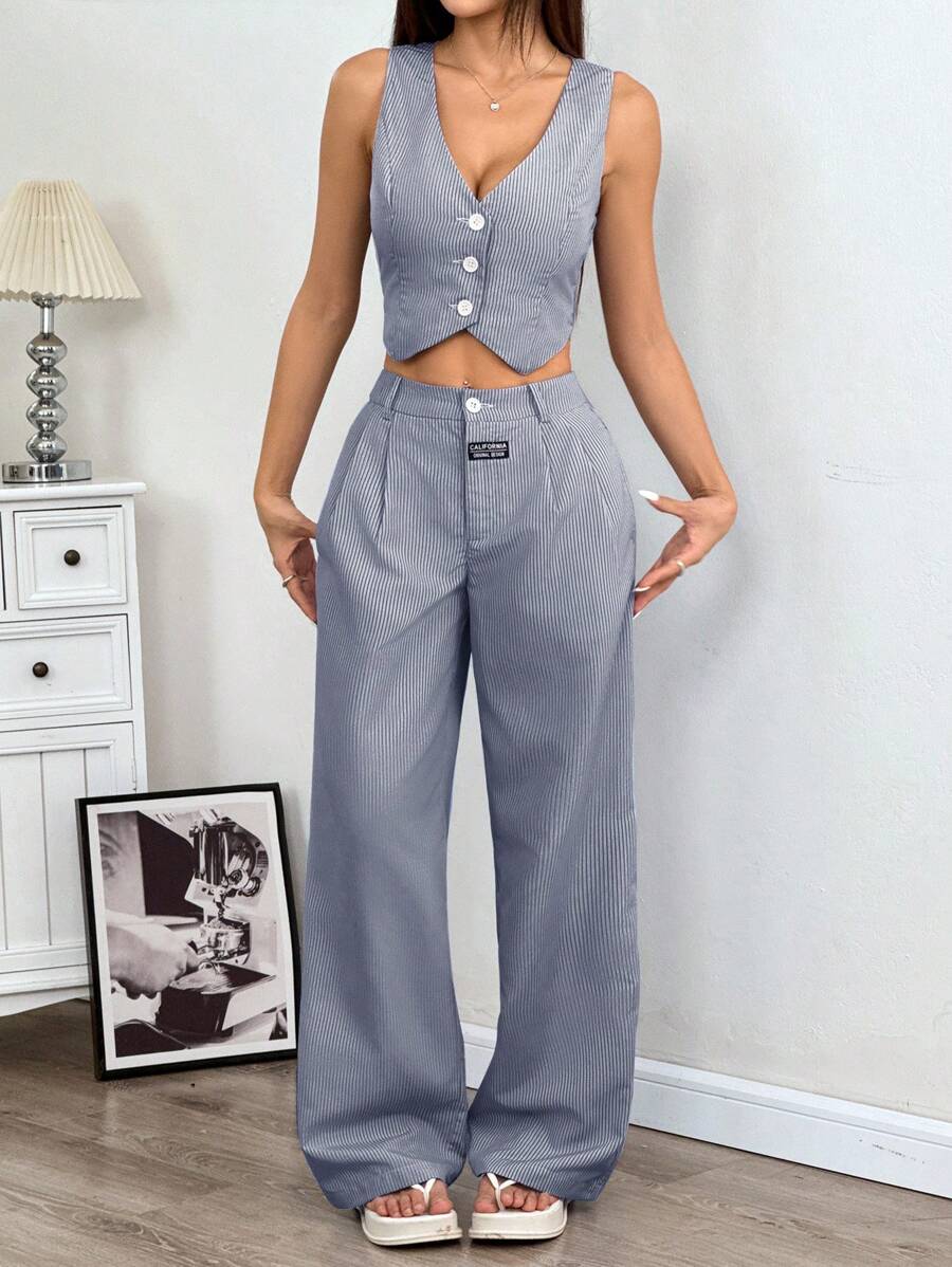 Conjunto de traje de lino de verano para mujer de EZwear, con chaleco y pantalón largo holgado, de un solo pecho y color liso