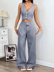 Conjunto de traje de lino de verano para mujer de EZwear, con chaleco y pantalón largo holgado, de un solo pecho y color liso