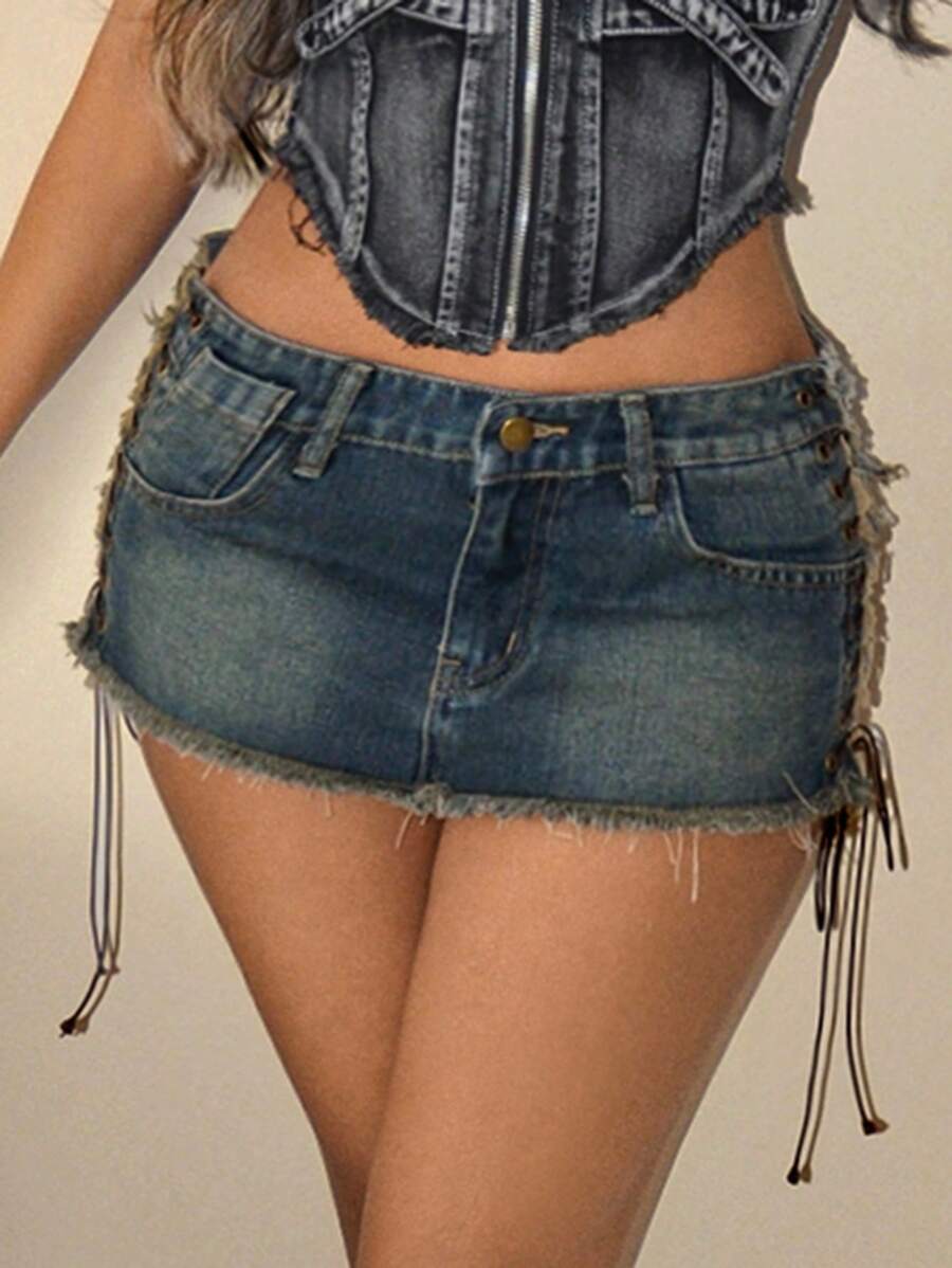 Falda vaquera corta ultracorta con lazo, estilo sexy, estilo años 2000, para mujer