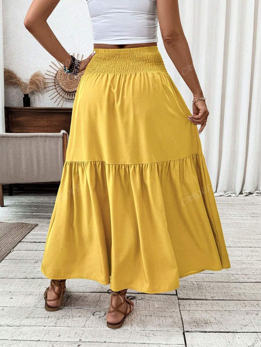 Falda larga informal con estampado floral diminuto para mujer, cintura elástica, bolsillos y bajo con volantes, corte A para verano